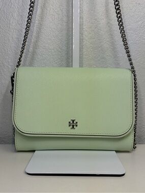 NWOT Tory Burch Candy Mint Lime Emerson Patent Leather Chain Crossbody Wallet